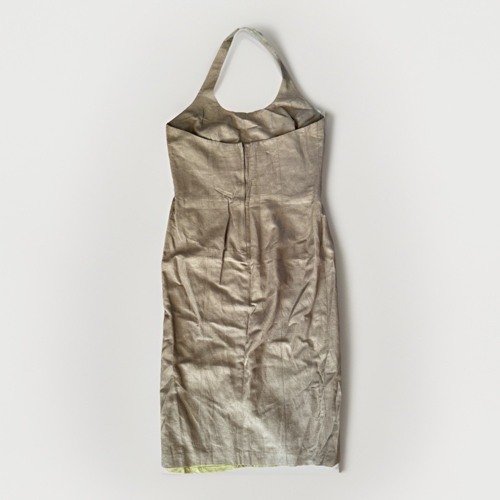 Vintage Gantos Linen Halter Midi Dress Olive Green Minimalist 90s 14 Resortwear - Picture 3 of 12
